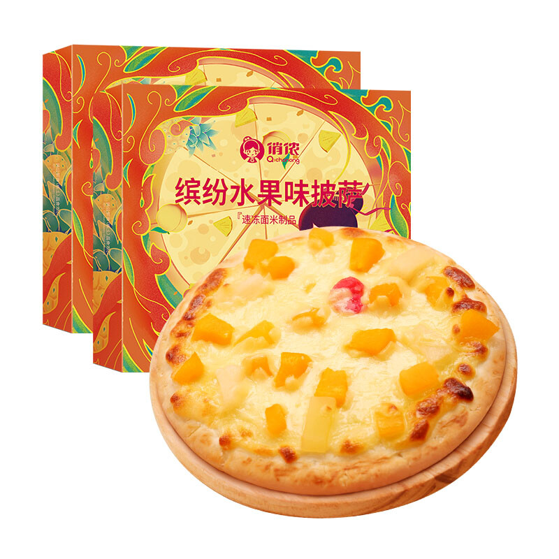 俏侬 黄桃水果披萨285g/盒*2 撒料≥50% 马苏里拉芝士碎半成品披萨 香甜水果285g*2