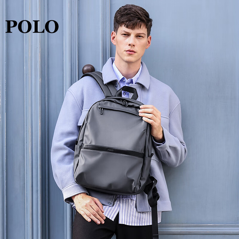 POLO男士双肩包背包男电脑包14/15.6英寸大学生书包出差旅行笔记本 灰色（可装15.6英寸电脑）