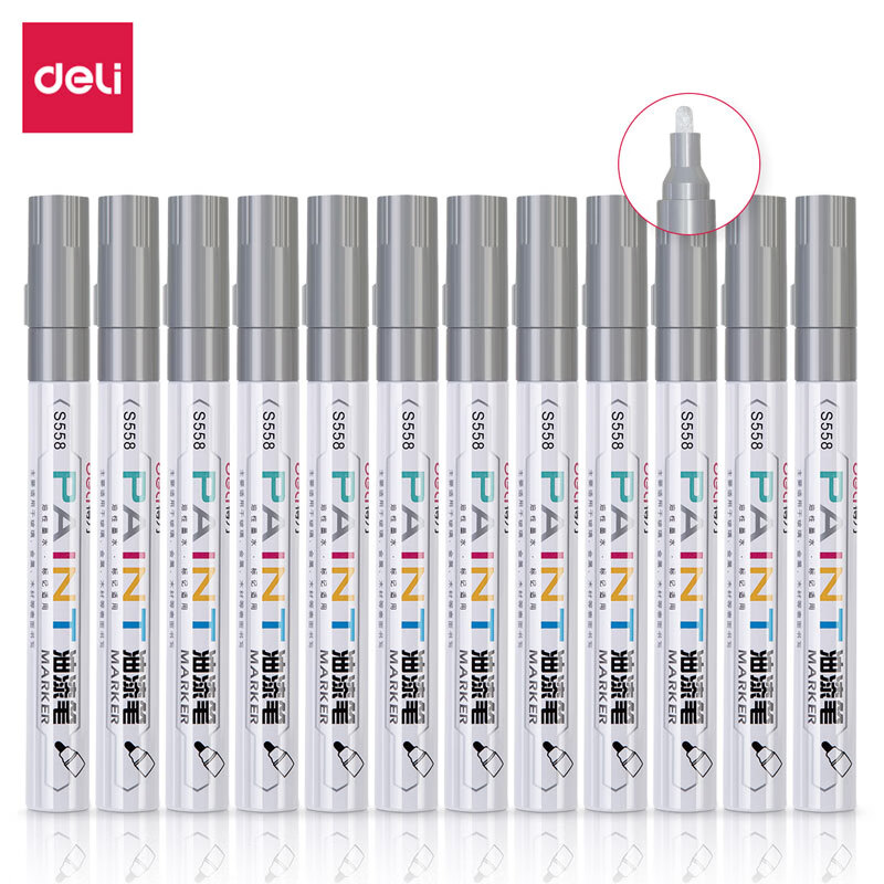 得力（deli）S558油漆笔补漆笔记号笔轮胎笔签到笔相册涂鸦笔银色12支【ZY】 银色