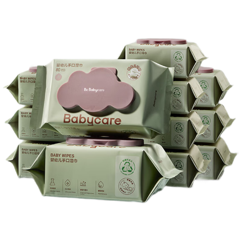 babycare儿手口湿巾加厚擦脸带盖湿纸巾大包装6480紫盖湿巾80抽-12包 