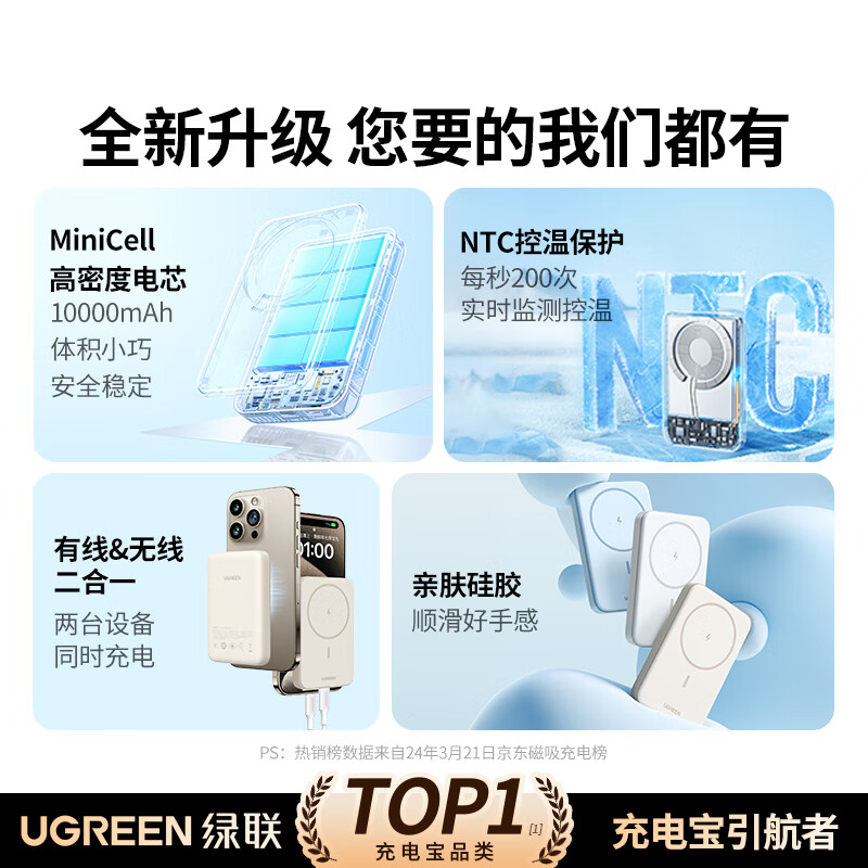 绿联【3C认证可上飞机】磁吸充电宝兼容MagSafe无线20W快充10000毫安移动电源适用苹果16/15/华为/小米 强力磁吸款-20W有线快充-米黄色