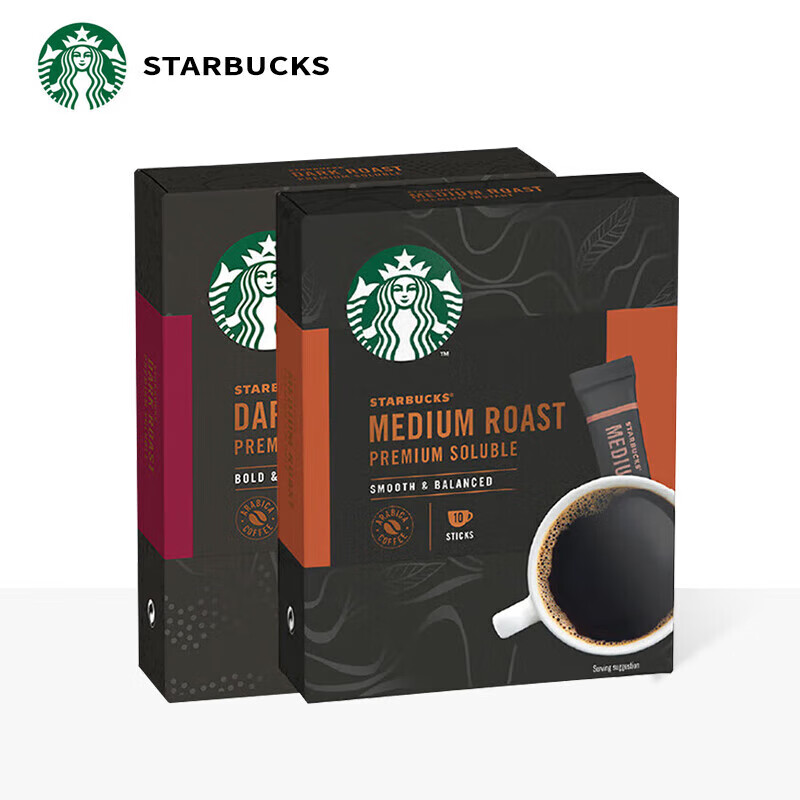 星巴克(Starbucks)速溶黑咖啡0糖 原装10条23g*2【中度+深度】 