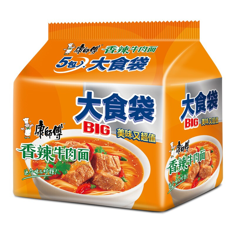 康师傅 方便面 大食袋香辣牛肉面五连包144g*5 泡面袋装速食 方便食品 【大食袋5包】香辣牛肉面
