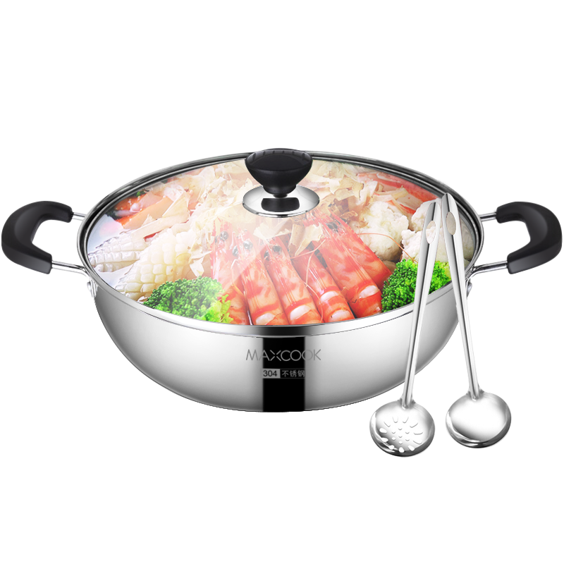 美厨（maxcook）304不锈钢火锅30cm 汤锅电磁炉火锅复底带盖 送一对火锅勺MH-30 304不锈钢火锅 30cm