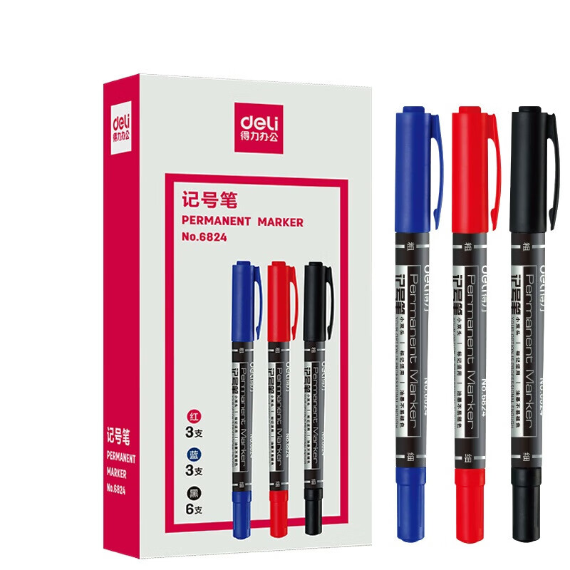 得力(deli) 6824 三色混装 双头多用油性记号笔签字笔 勾线笔会议笔马克笔 大包装 红黒蓝各12支共36支 
