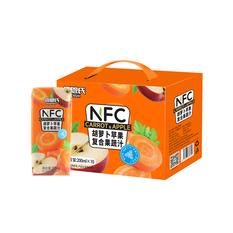 佰恩氏（BAIENSHI）胡萝卜苹果汁100%NFC纯果汁果蔬菜汁0脂无添加饮料 200ml*10瓶 【荐】胡萝卜苹果汁 200ml*10瓶