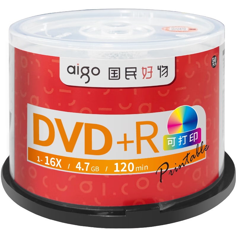 爱国者（aigo） DVD+R 空白光盘/刻录盘 16速4.7GB 桶装50片 可打印 DVD+R 50片装 可打印
