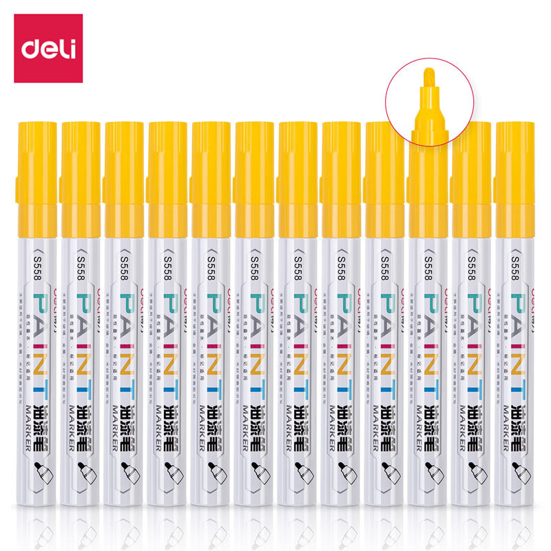 得力（deli）S558 型油漆笔补漆笔记号笔轮胎笔签到笔相册涂鸦笔 黄色12支 