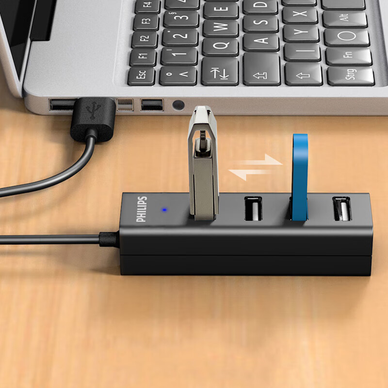飞利浦(PHILIPS)USB分线器2.0高速一拖四多接口 笔记本台式电脑4口集线器HUB扩展鼠标键盘U盘 1米