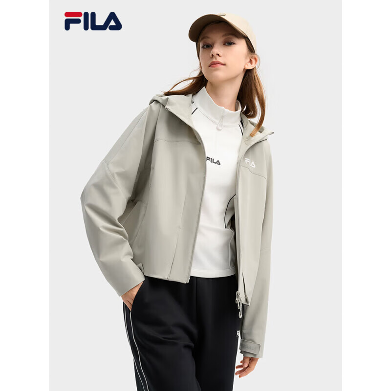 斐乐（FILA）官方女梭织外套2025春新时尚休闲简约宽松连帽上衣院石灰2XL