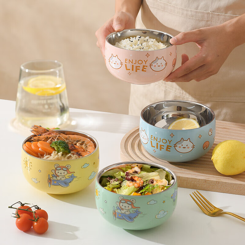 美厨（maxcook）316L不锈钢碗 汤碗双层隔热 饭碗餐具面碗12cm 樱粉小喵MCCU1978 12cm【樱粉小喵】370ml0cm