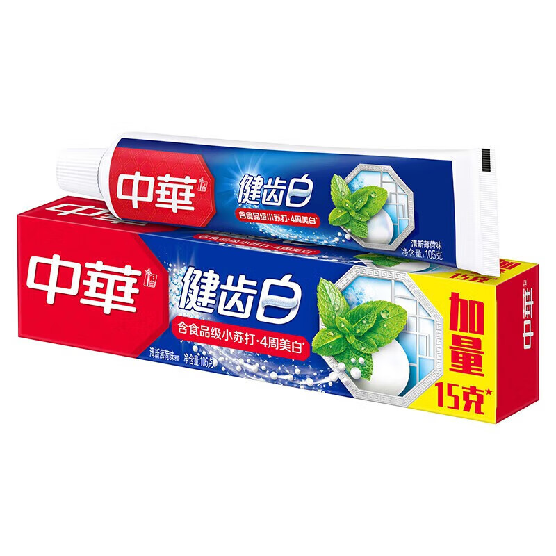 中华 牙膏 健齿白小苏打薄荷105G*3组 亮白去渍 