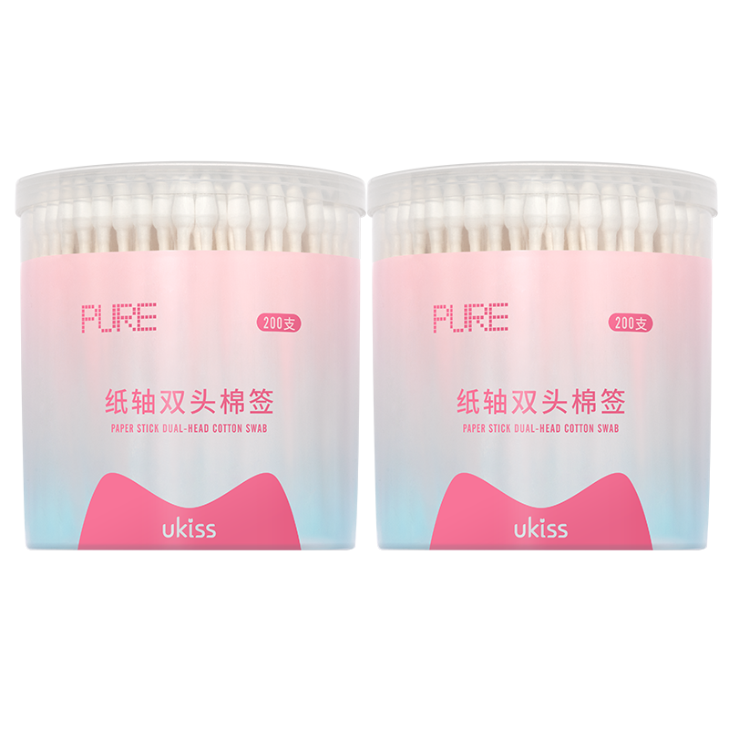 悠珂思（ukiss）纸轴双头棉签200支*2盒 掏耳朵化妆棉签尖头螺旋圆头一次性清洁棒 常规款 400枚 （纸轴双头棉签）