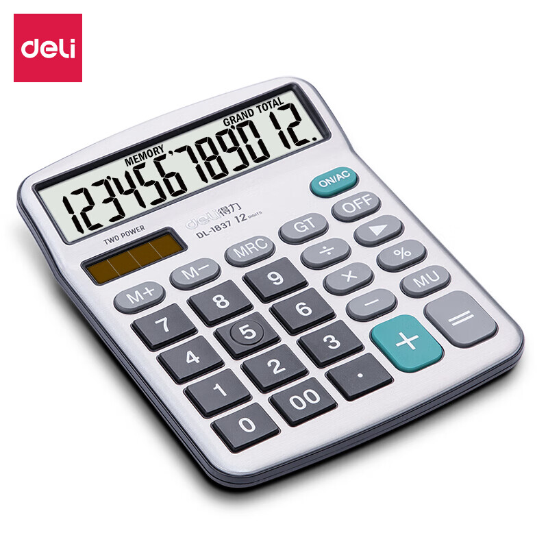 得力（deli）双电源金属面板桌面计算器 12位宽屏桌面计算机 办公用品 1837 HY 