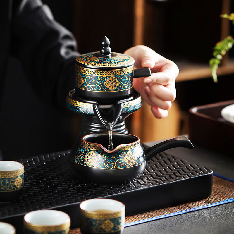 茶艺贵族古韵自动茶具9头懒人套装家用陶瓷防烫冲泡茶器套餐不带茶盘 