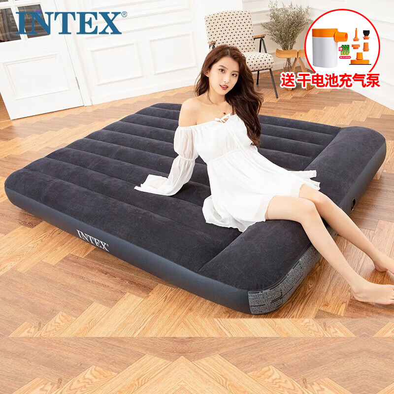 INTEX 64144双人特大内置枕头充气款床家用午休床户外折叠床 N 183*203*25CM内置枕头送干电池泵