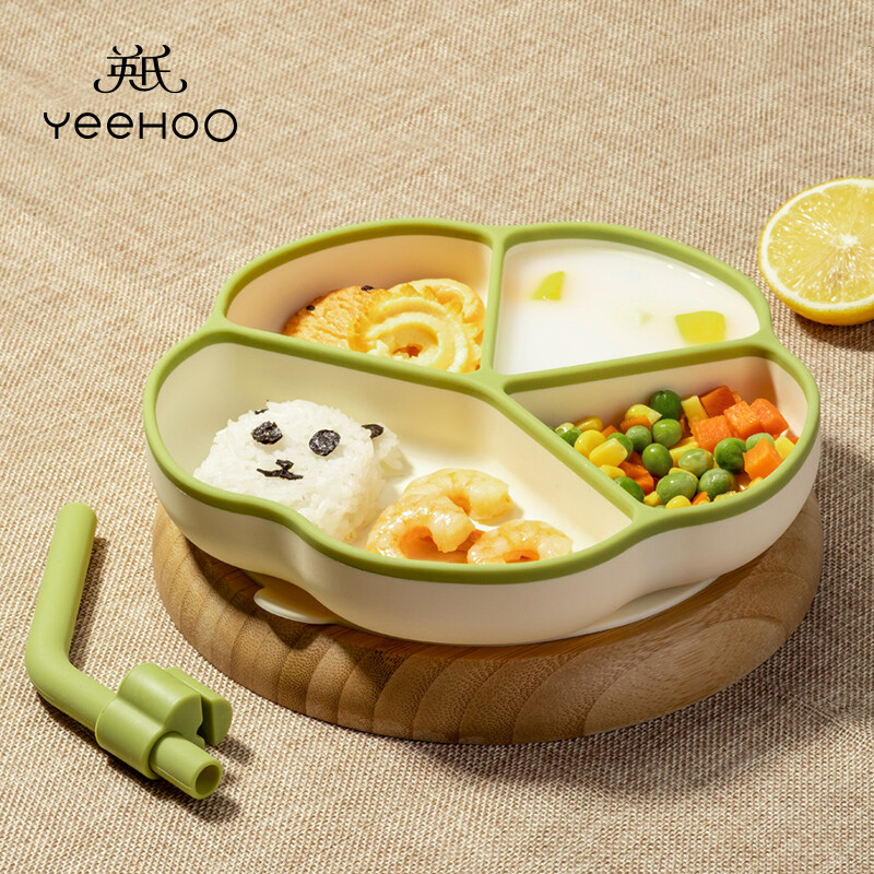 英氏（YEEHOO）儿童分格餐盘宝宝硅胶餐具婴幼儿摔防烫吸盘吃饭辅食碗 若苗白 【若苗白】荷花餐盘