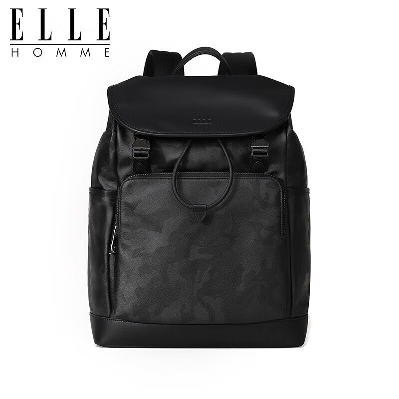 ELLE HOMME男士双肩包潮流迷彩尼龙布背包 休闲大容量14英寸电脑包06260黑色 