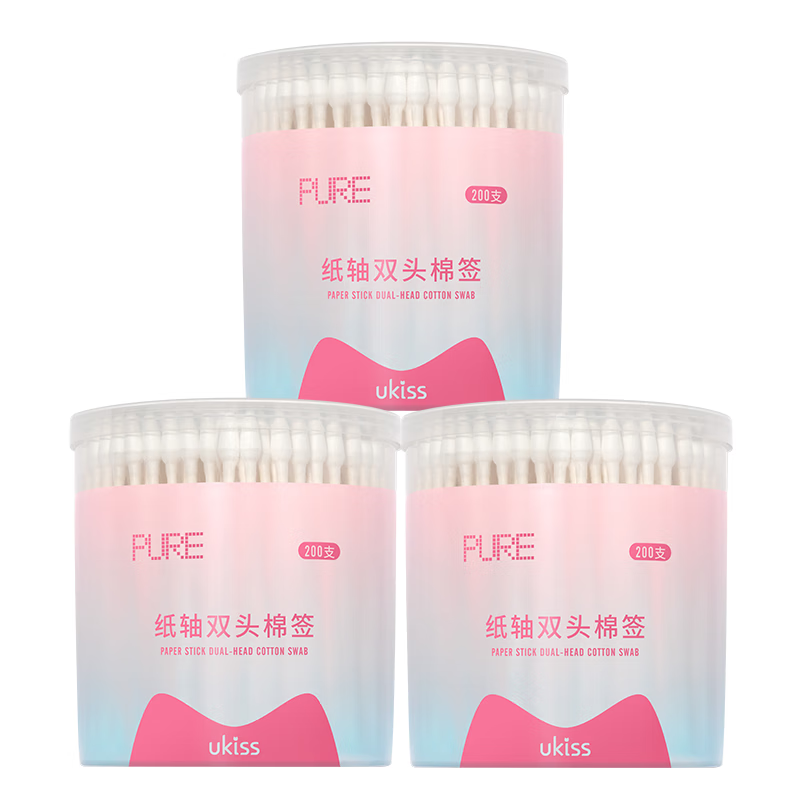 悠珂思（ukiss）纸轴双头棉签200支*3（掏耳朵化妆棉尖头螺旋椭圆头一次性清洁棒 常规款 600枚 （纸轴双头棉签）