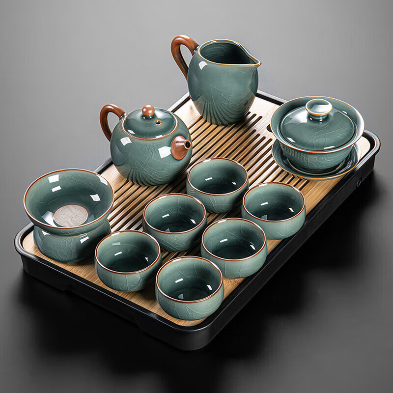 琦轩源哥窑茶具整套带茶盘高档家用办公室泡茶神器陶瓷功夫茶杯茶壶套装 哥窑心悦西施壶10件套+茶盘 