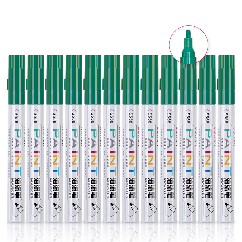 得力油漆笔S558 绿色 12支/盒 适用玻璃/不锈钢/木材/轮胎/汽车补漆 绿色