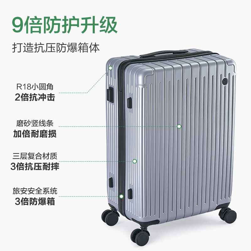 爱华仕行李箱男拉杆箱女大容量旅行箱轻便万向飞机轮26英寸密码箱冰川银