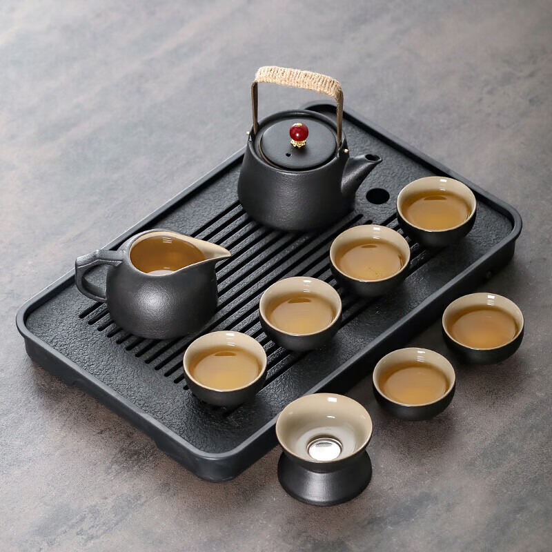 尚言坊黑陶功夫茶具整套带茶盘高档陶瓷泡茶茶杯套装 黑陶提梁壶轻畅版 黑陶玛瑙提梁壶(轻畅版)套装