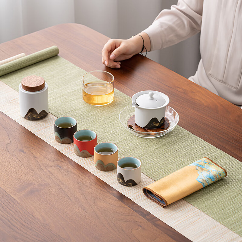 苏氏陶瓷（SUSHI CERAMICS）手绘釉画彩千里江山旅行茶具套装礼盒四色杯行云壶雅白文创伴手礼 行云壶雅白套组