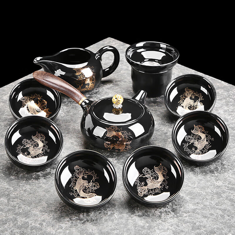 初伍功夫茶具整套家用办公室会客泡茶壶高档大气陶瓷侧把壶茶杯套装 黑釉锦鲤侧把壶六杯9件套-无礼盒