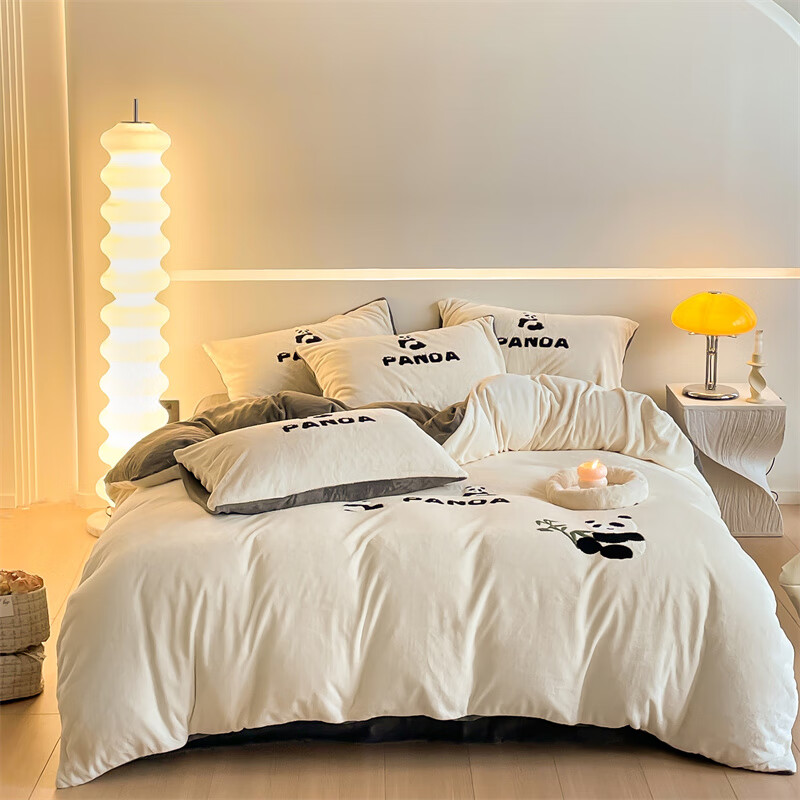 蕊丝坊  牛奶绒熊猫宝宝毛巾绣床单四件套