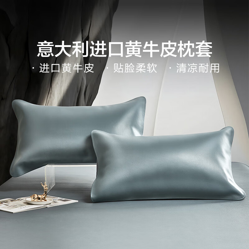 富安娜 头层黄牛皮枕套  意大利进口夏季真皮枕套 双人对枕 蓝 74*48cm 【彩绘牛皮枕套】午夜巴黎【两件】尺码通用— 73cm*46cm