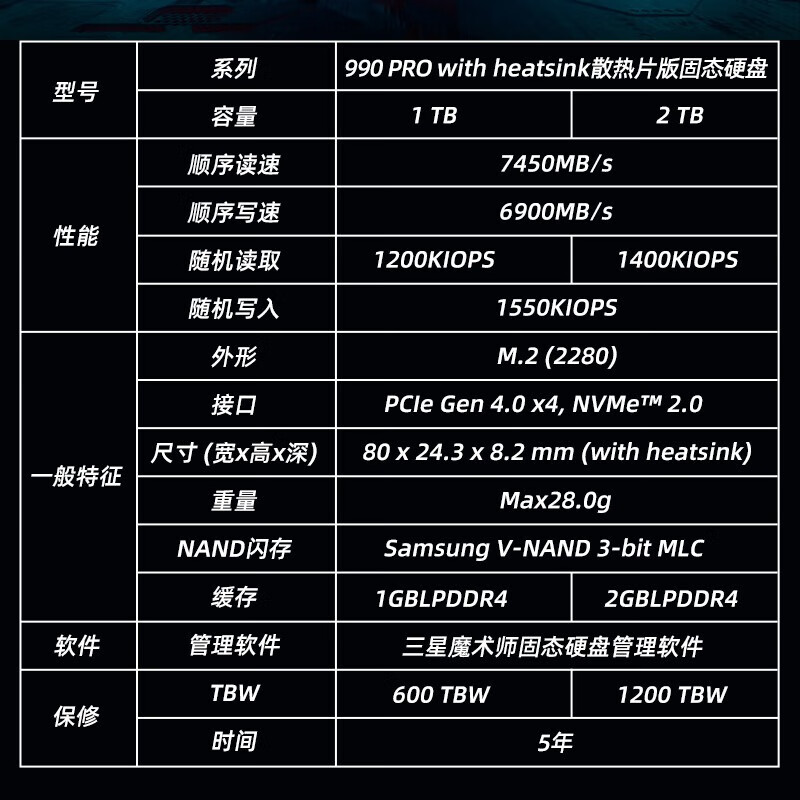 三星1TB SSD固态硬盘 M.2接口(NVMe协议PCIe 4.0 x4) 990 PRO With Heatsink散热片版 台式机 PS5