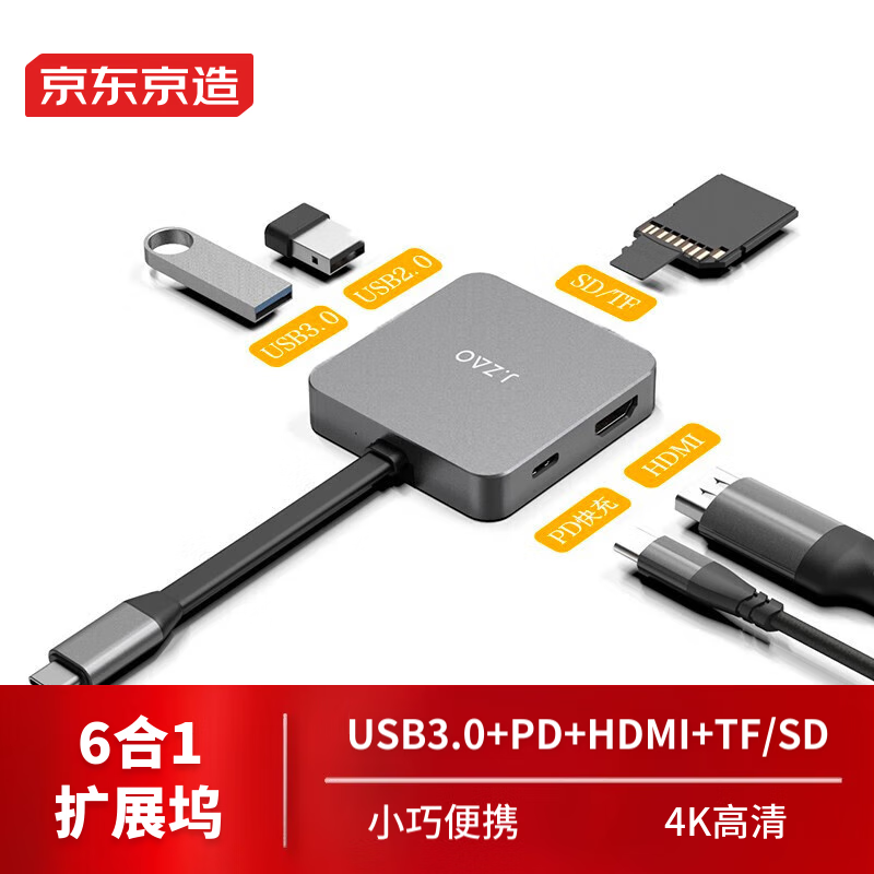 京东京造 usb扩展 扩展坞type-c 6合1 iPadPro/苹果MacBook 拓展坞 HDMI转换器4K投屏转接头数据线分线器