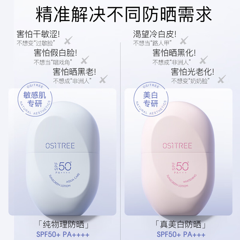 柳丝木（Ositree）【范丞丞同款】物理防晒霜SPF50+高倍防水防汗户外学生礼物 60g*2 【蓝胶囊】物理防晒乳60g*2