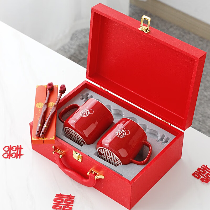 裳淇结婚洗漱杯喜字牙刷杯套装陪嫁情侣新婚用陶瓷漱口杯 同心杯圆喜