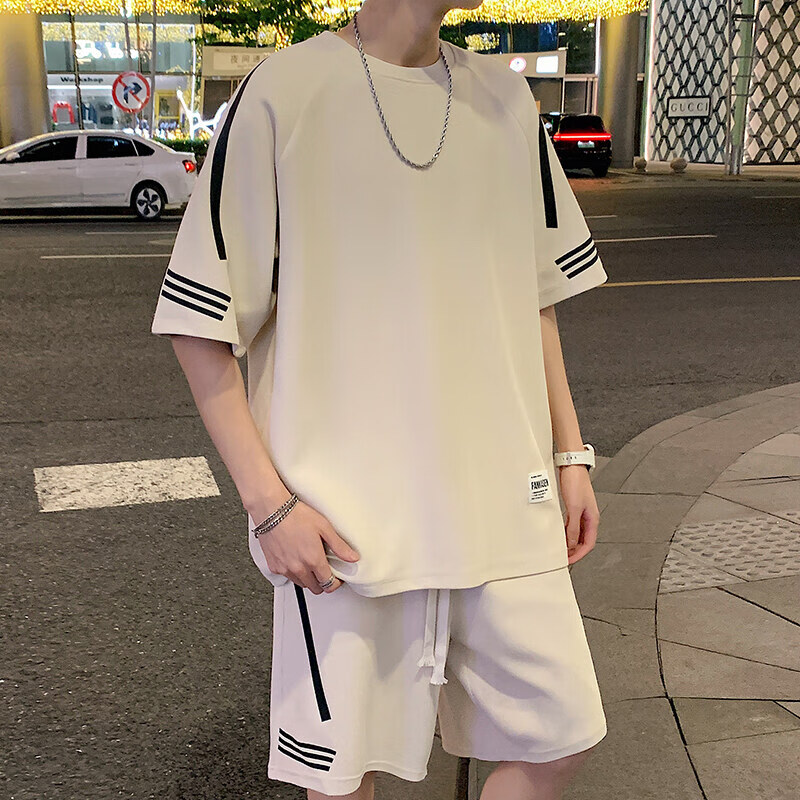 佐菲利休闲运动套装男款夏季新款青少年宽松冰丝条纹短袖t恤短裤一整套