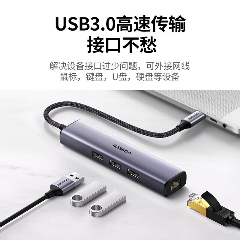绿联CM475 Type-C扩展坞 USB-C转外置有线网卡口转换器 转接头3.0 适用苹果笔记本电脑 20917 2条/组