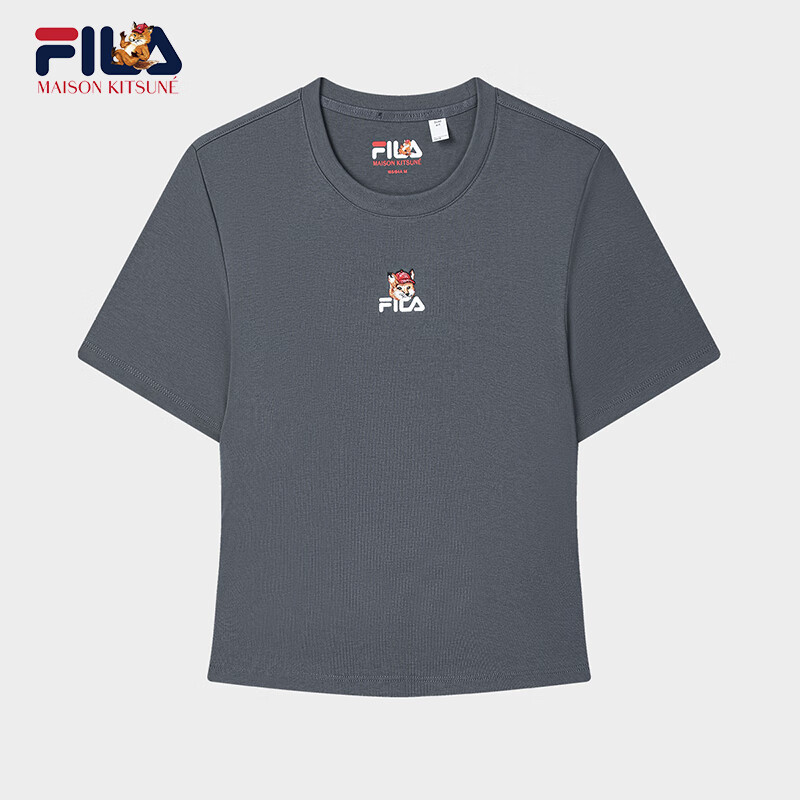 FILA FUSION斐乐官方女子针织短袖衫2025夏季新款简约修身小狐狸刺绣T恤