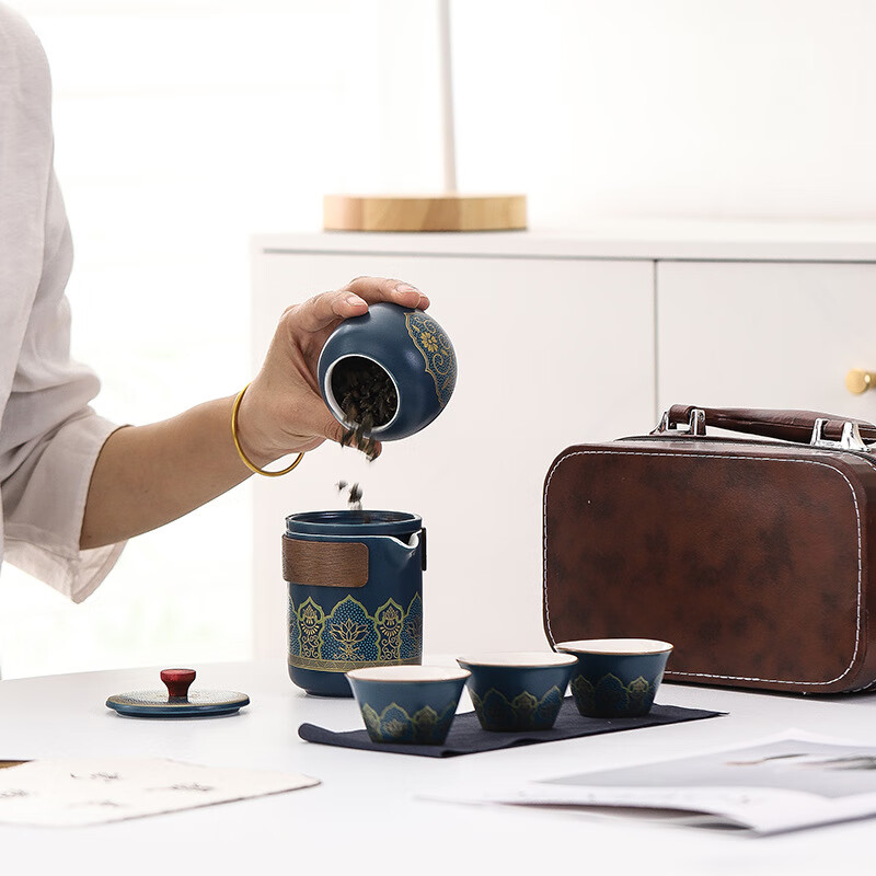 陶知德陶瓷旅行茶具便携包快客杯一壶三杯茶叶罐茶具套装伴手礼 红色