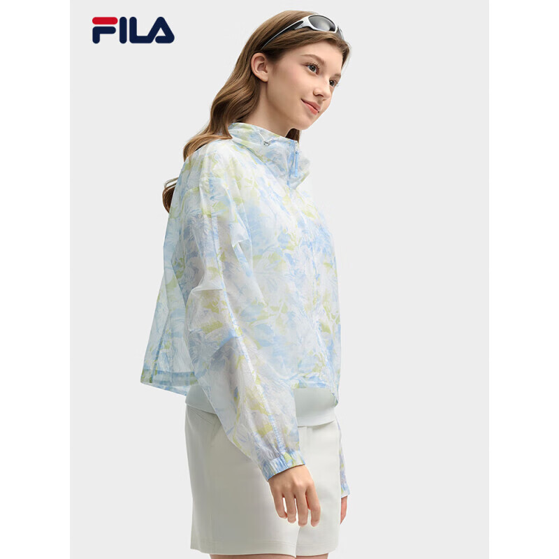 斐乐（FILA）官方女梭织外套2025夏新时尚休闲宽松满印连帽上衣天晴蓝XL