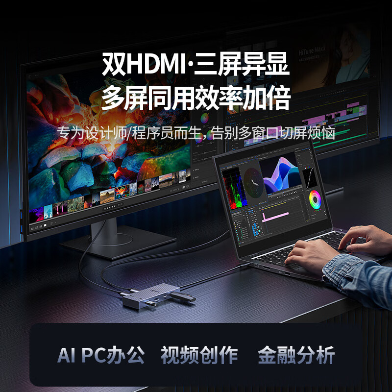 绿联 Type-C3.2扩展坞USB-C转双HDMI雷电4拓展坞10G转接器4K60Hz多屏扩展 7合1 【三屏异显】45365