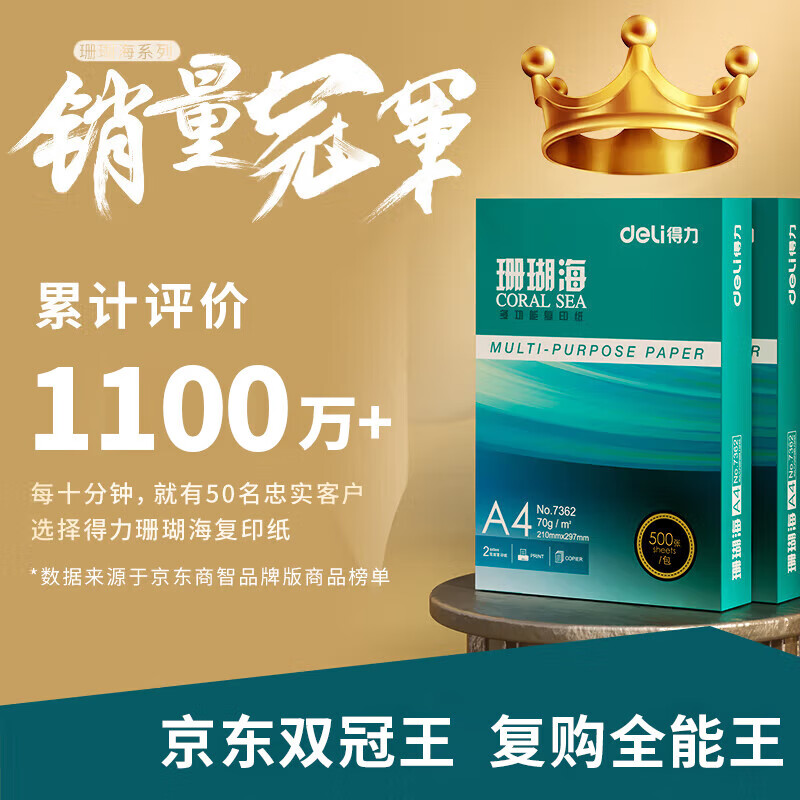 得力（deli）珊瑚海A4打印纸 70g500张*8包一箱 双面复印纸 企业采购优选 整箱4000张7360【销冠系列】