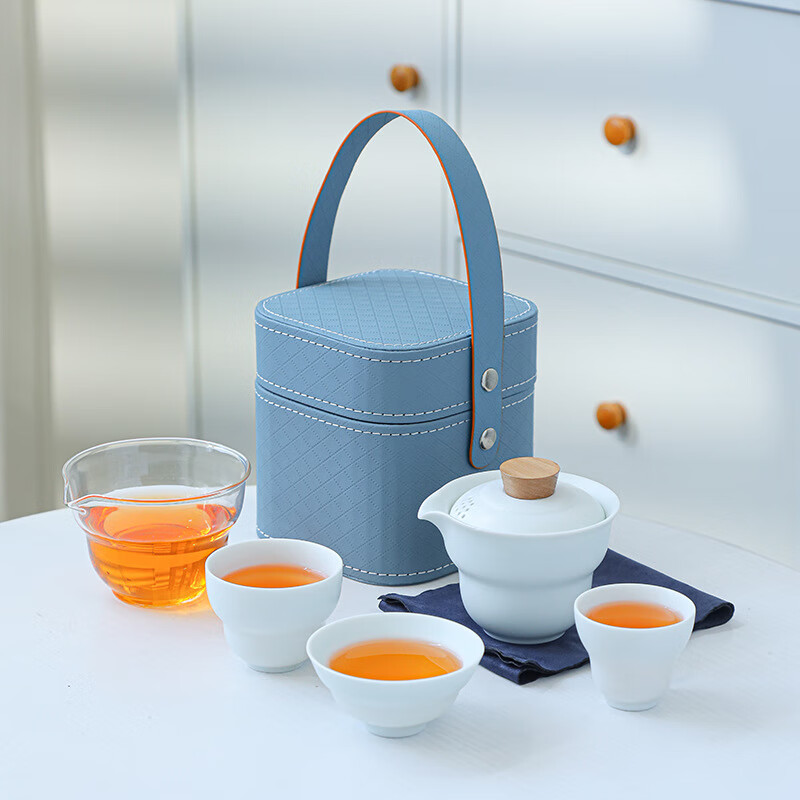蒋莱商务陶瓷旅行茶具一壶三杯便携户外茶具-葫芦快客(桃子/亮光)