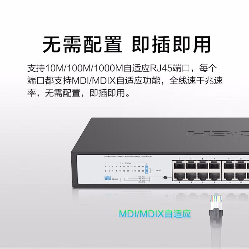 H3C新华三 Mini S1224F 企业级网络交换机 机架式即插即用网线分流器 24口千兆电+2千兆光纤口非网管