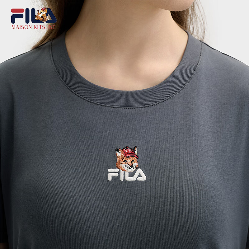 FILA FUSION斐乐官方女子针织短袖衫2025夏季新款简约修身小狐狸刺绣T恤