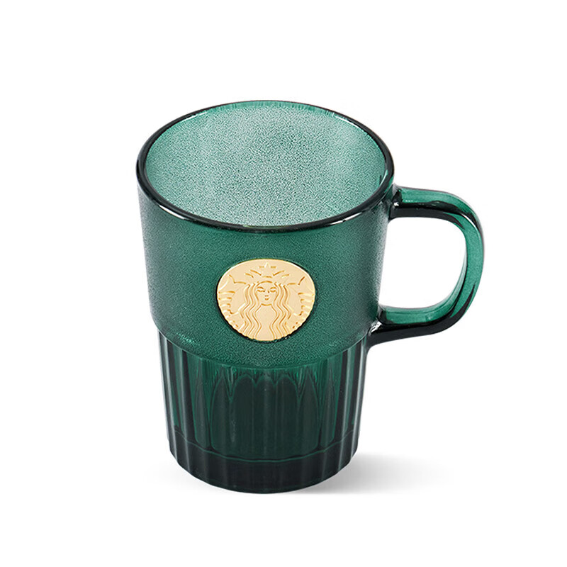 星巴克Starbucks 墨绿色女神铭牌玻璃马克杯咖啡杯办公室桌面杯400ml