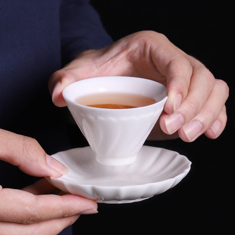 水墨当清茶杯座底杯托白瓷杯垫单只小号单杯垫茶道杯垫 羊脂玉花瓣杯垫