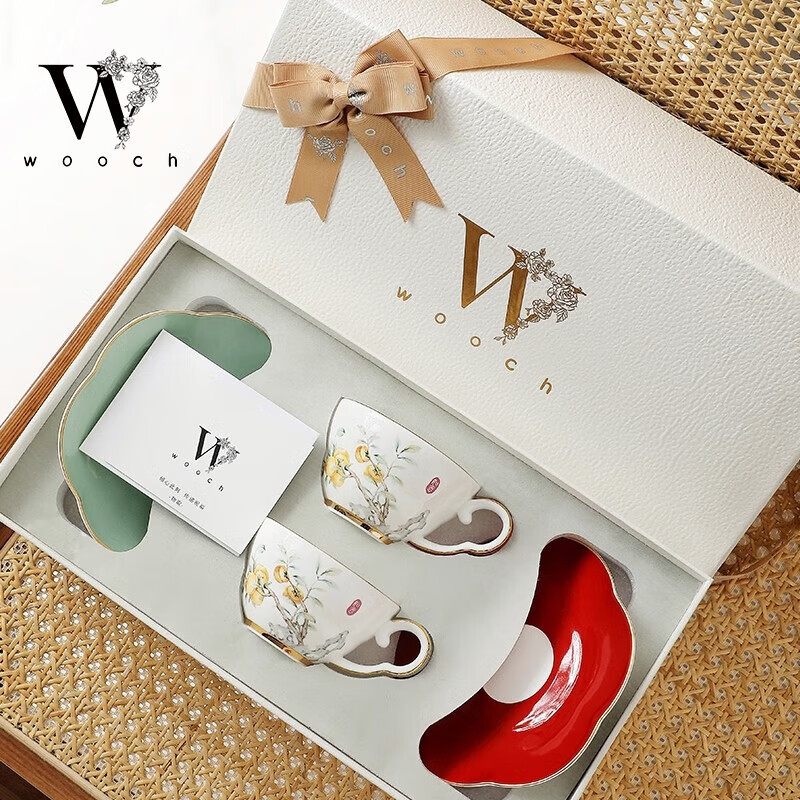 物取（WOOCH）高级陶瓷马克杯杯碟套装 柿柿如意杯碟对杯+白金礼盒 W129