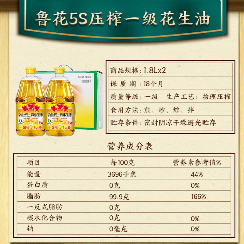 鲁花 粮油食用油 5S物理压榨一级花生油1.8L*2瓶
