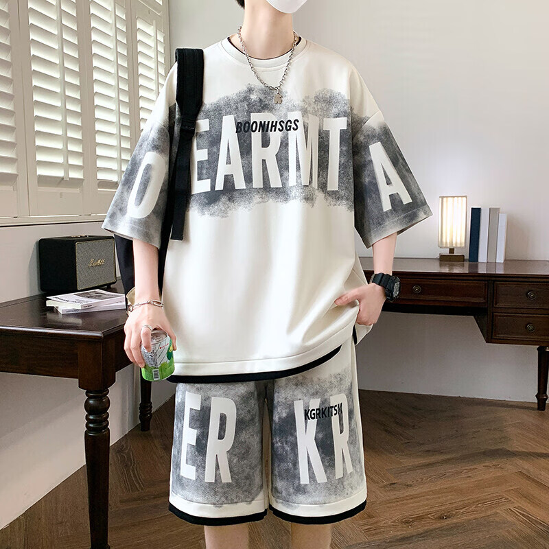 佐菲利冰丝短袖T恤套装男夏季潮牌美式宽松休闲印花短袖短裤帅气两件套